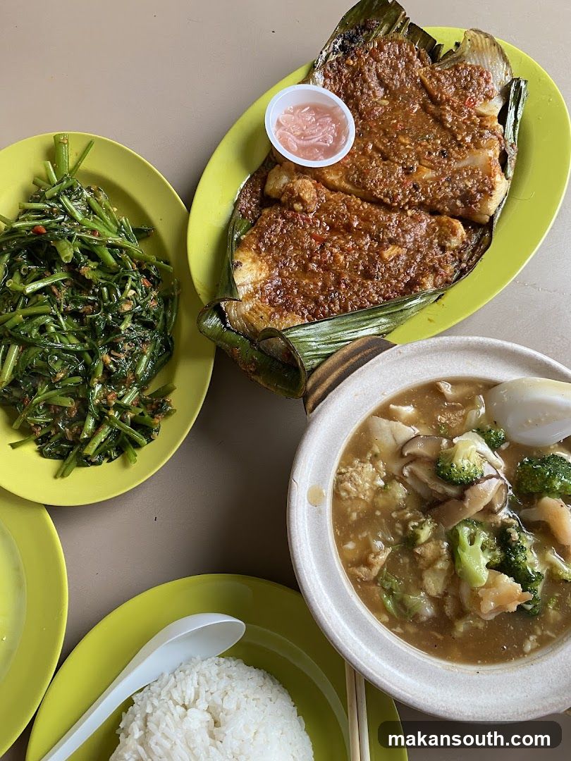 Food Spread with Grilled Fish and Stir-fried Greens