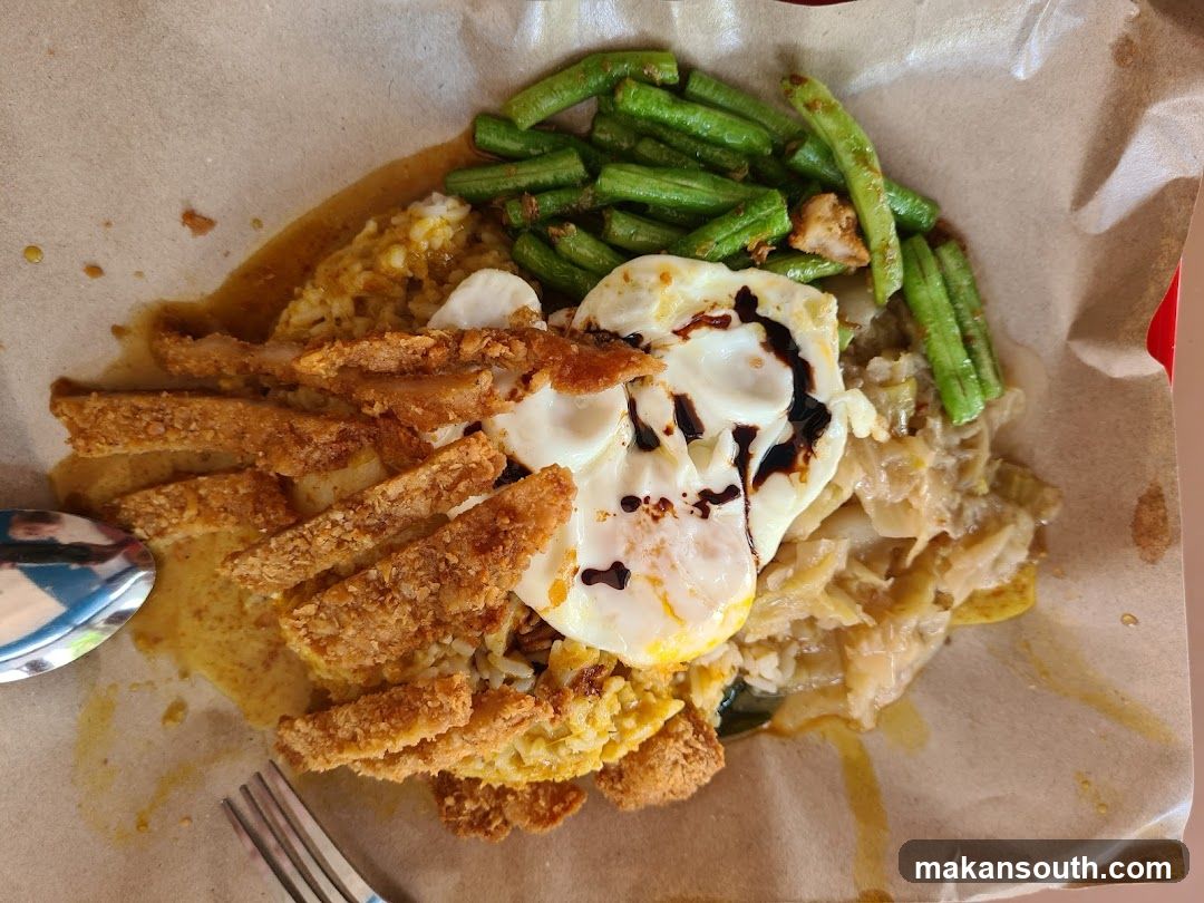 Fried Chicken Rice Bowl with Fried Egg and Green Beans