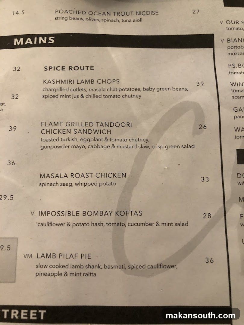 Mains Section of Menu