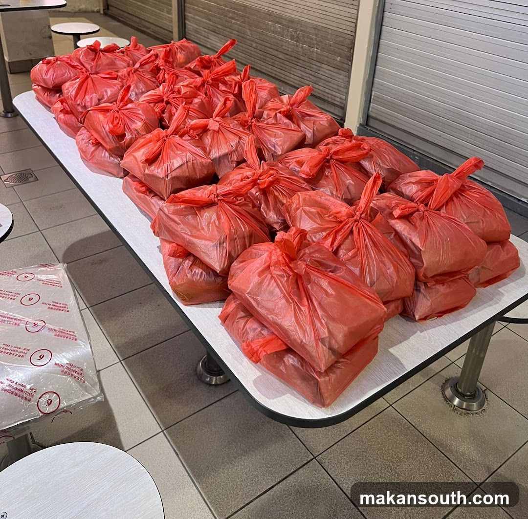 Red plastic bags on table