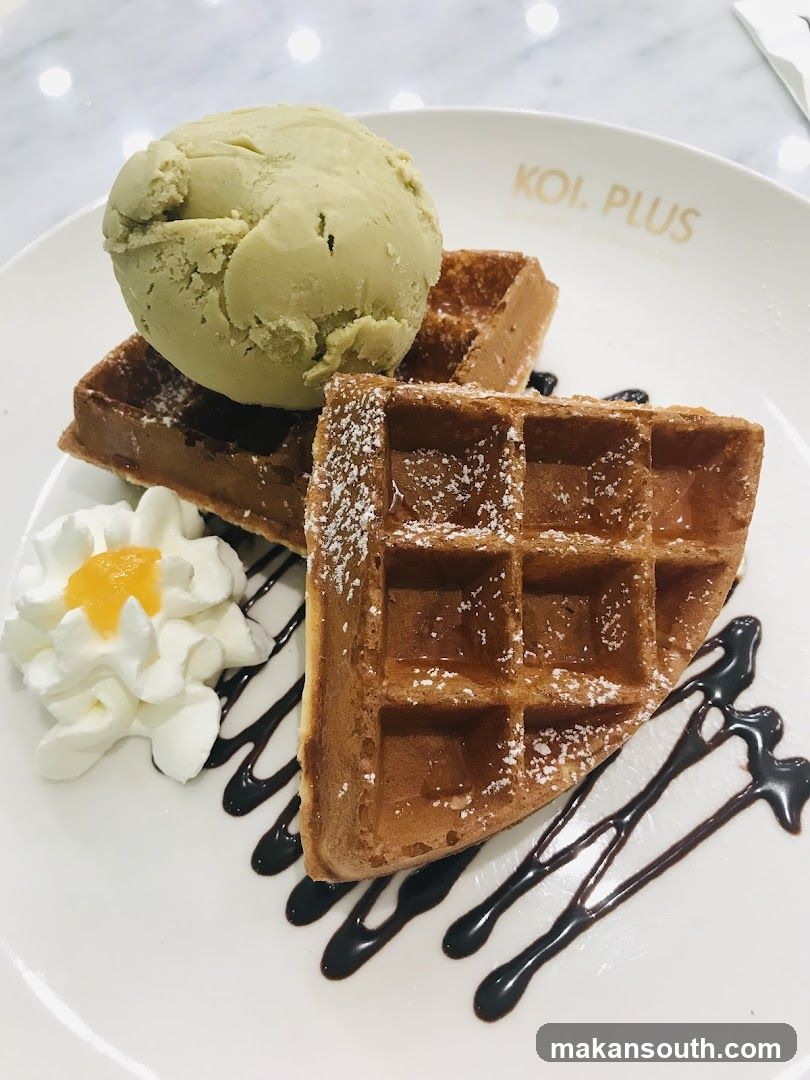 Waffle with Ice Cream and Syrup