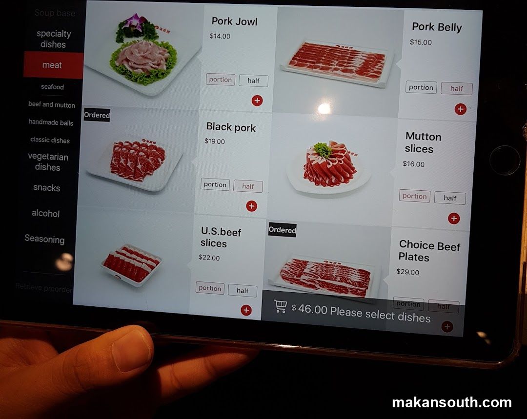 Tablet showing meat selection menu