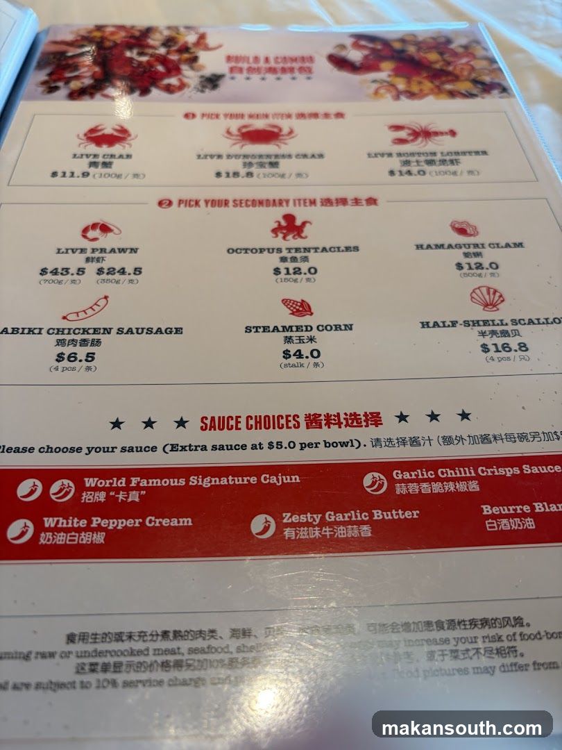 Crab & Seafood Menu