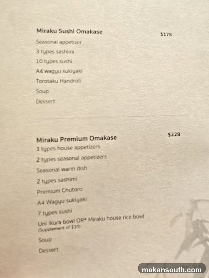 Miraku Sushi Omakase Menu