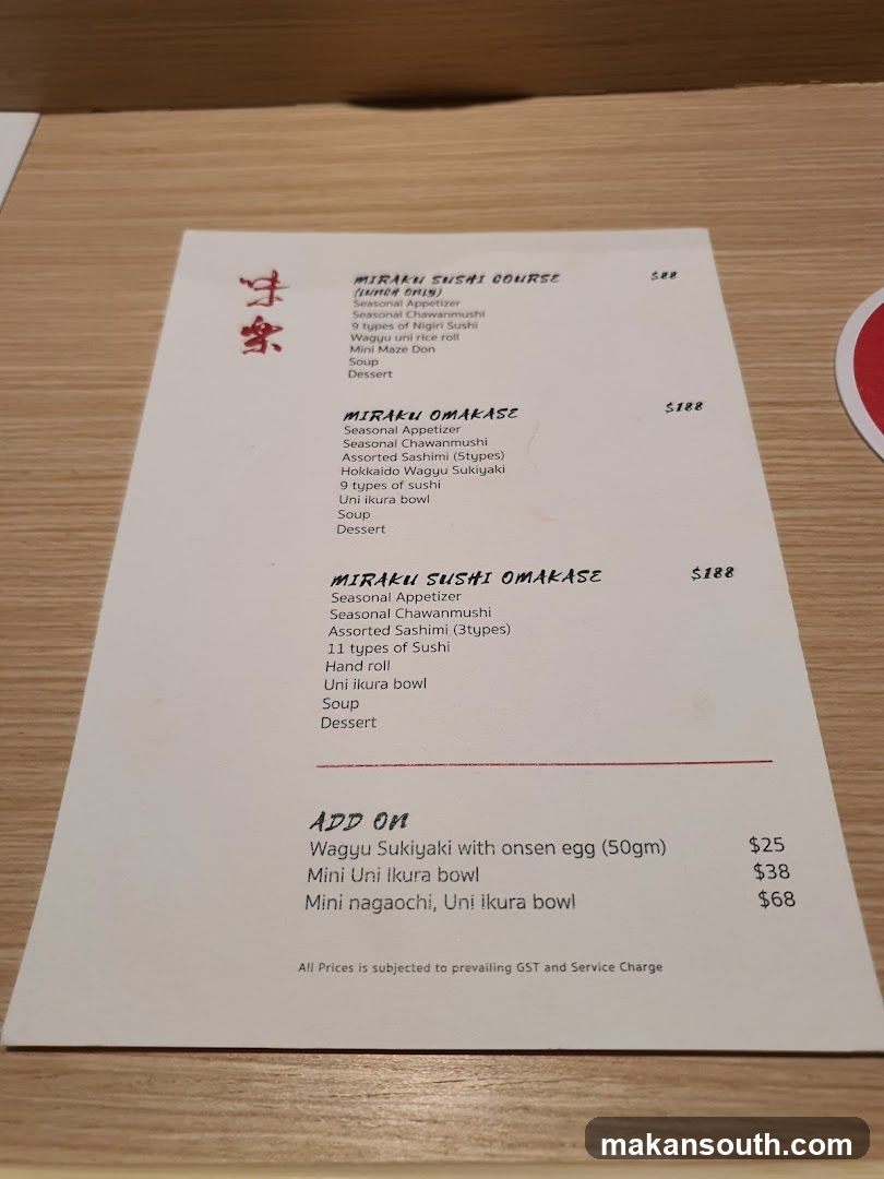 Miraku Sushi Menu