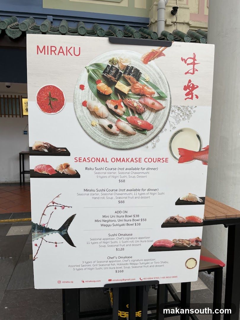 Miraku Seasonal Omakase Course Menu Board