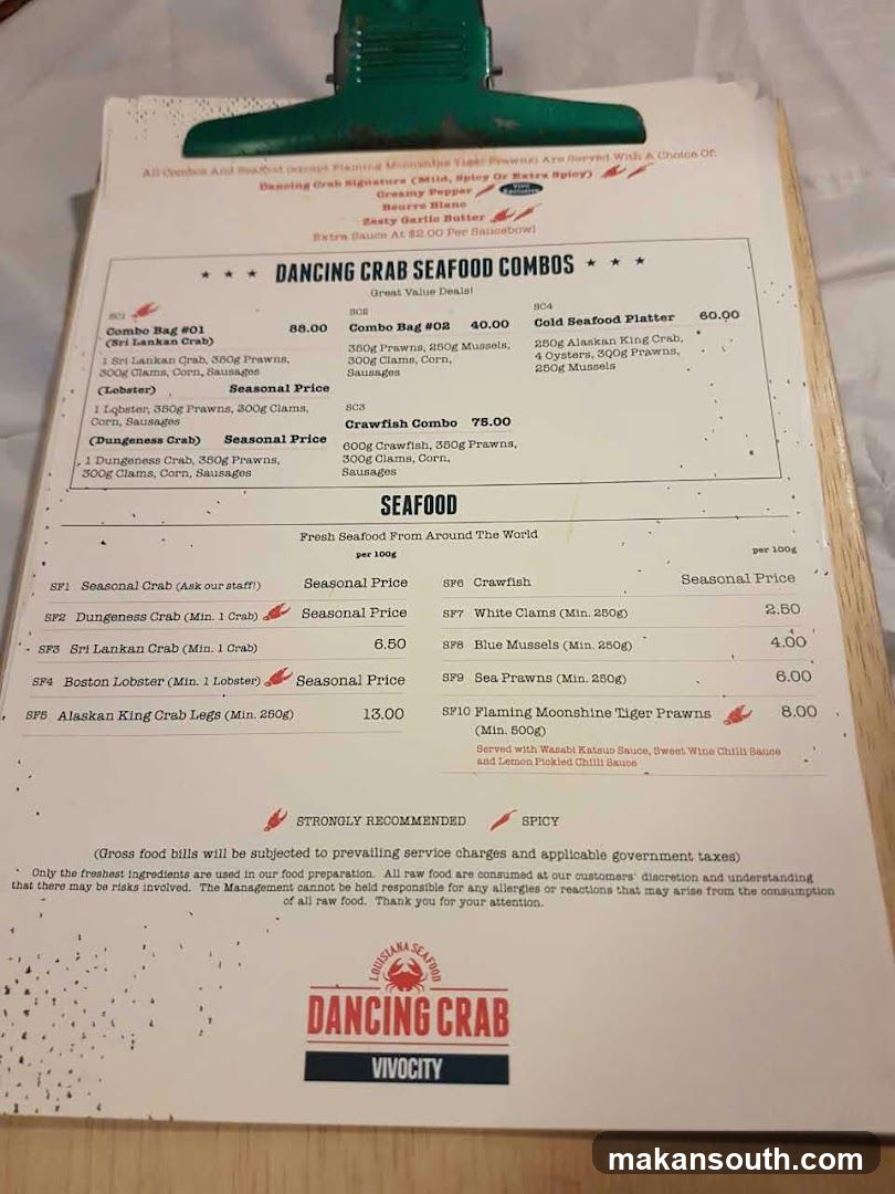 Dancing Crab Seafood Combos Menu