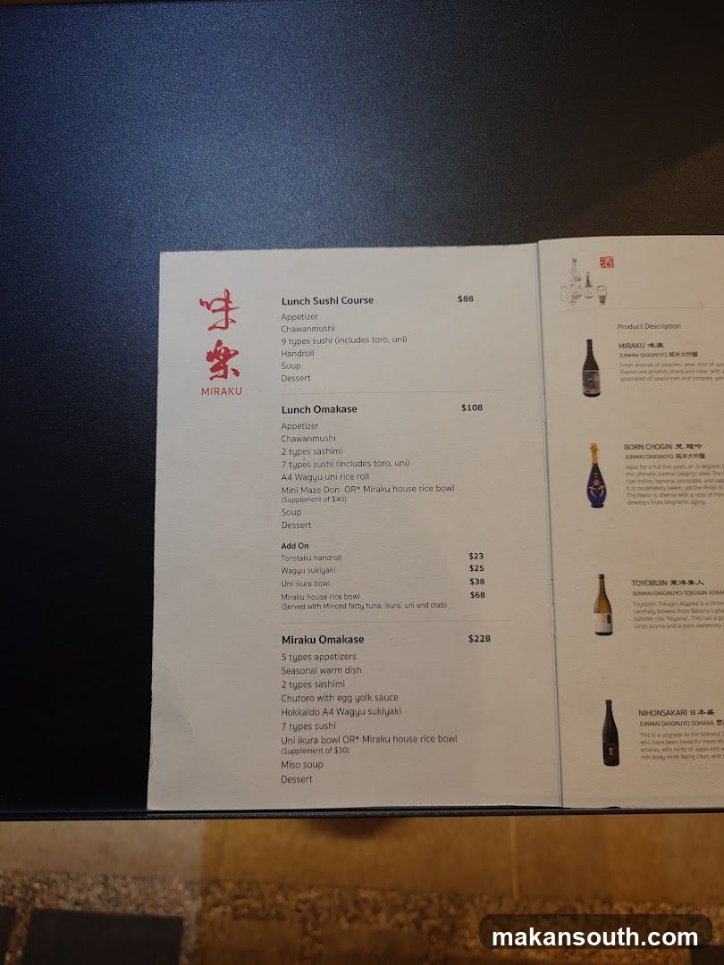 Miraku Sushi Menu