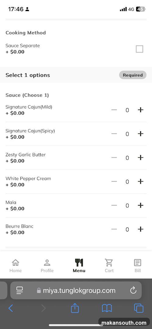Sauce Selection Menu