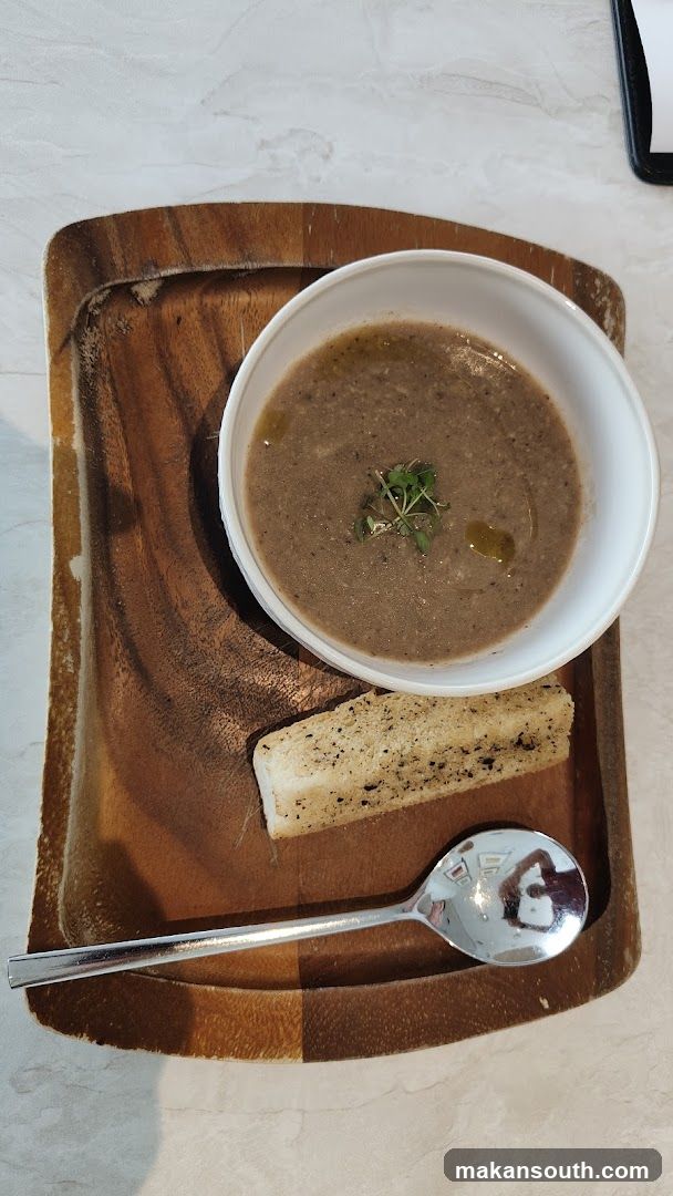 Soup and Bread on Wooden Tray
