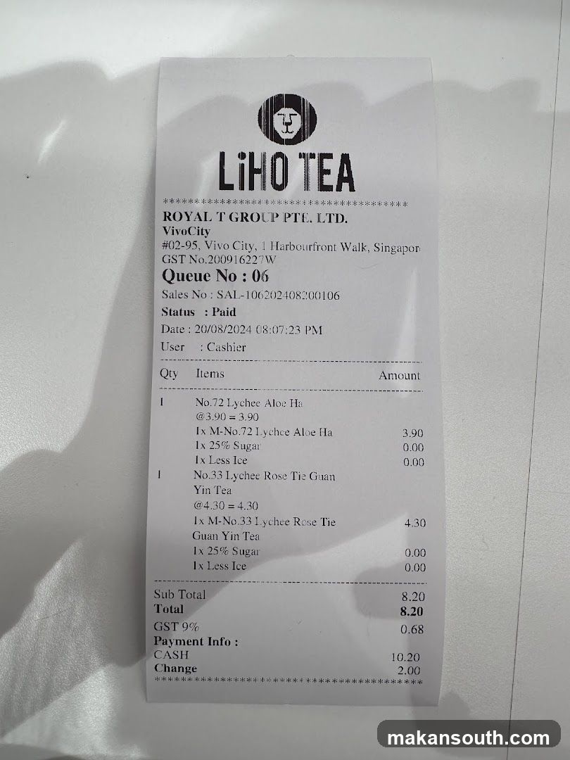 LiHo Tea Receipt