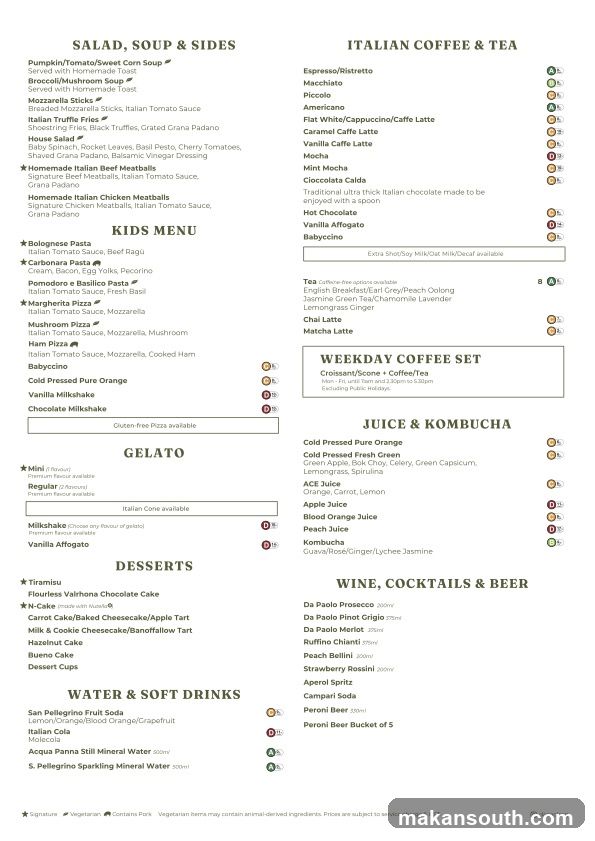 Salad, Soup & Sides / Italian Coffee & Tea / Kids Menu / Gelato / Desserts / Water & Soft Drinks / Juice & Kombucha / Wine, Cocktails & Beer