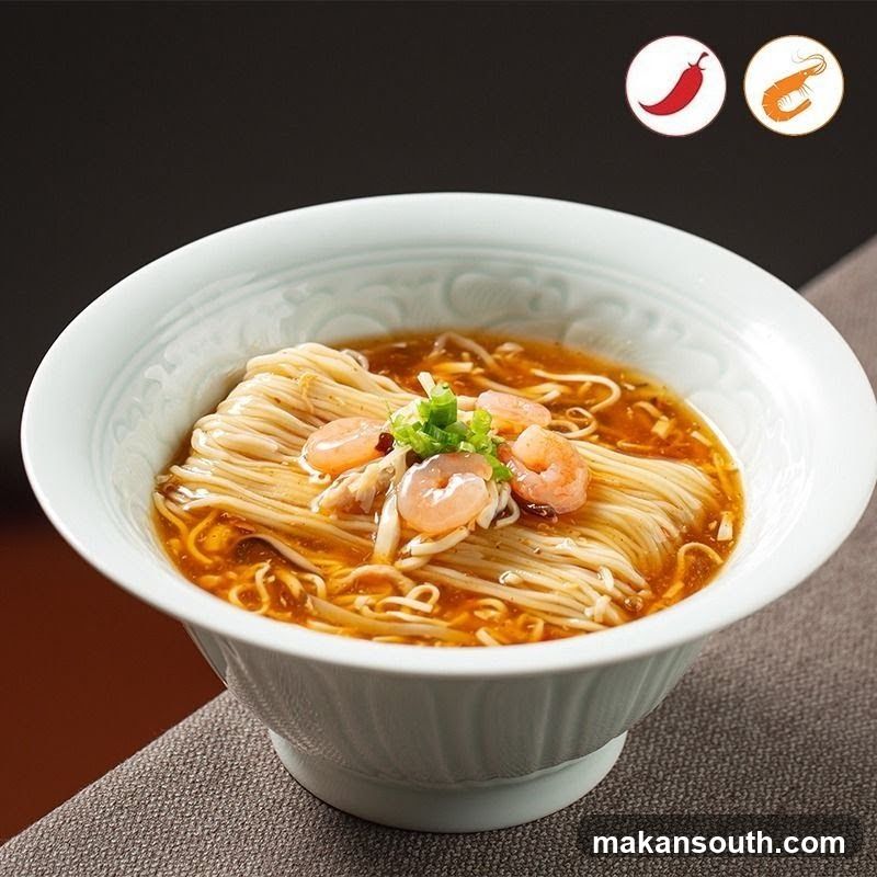 Bowl of Noodles with Shrimp and Enoki Mushrooms