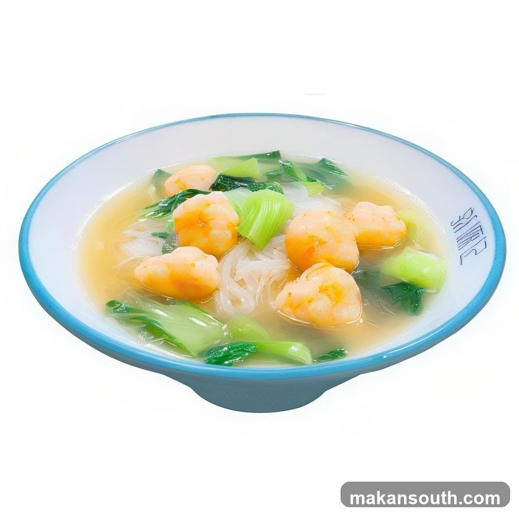 Bowl of Noodle Soup with Shrimp and Greens