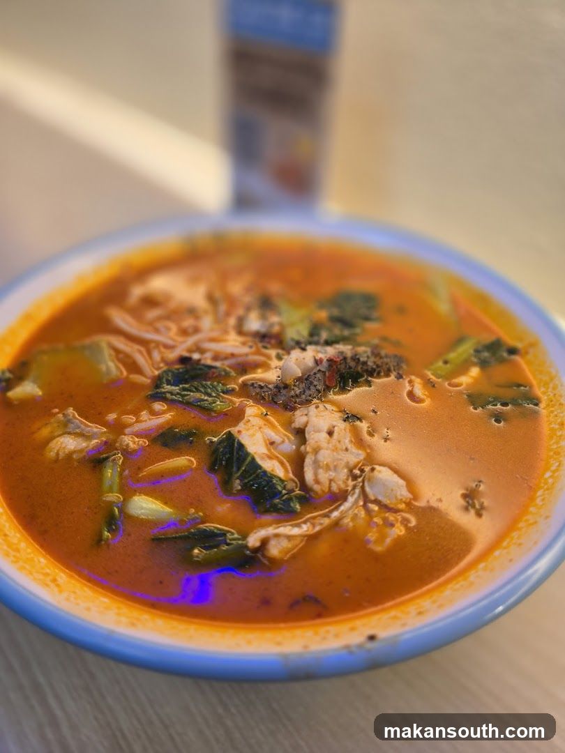 Bowl of Spicy Soup with Noodles and Greens