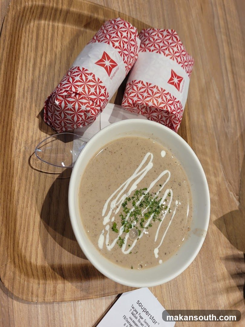 Soup and Wraps on Wooden Tray
