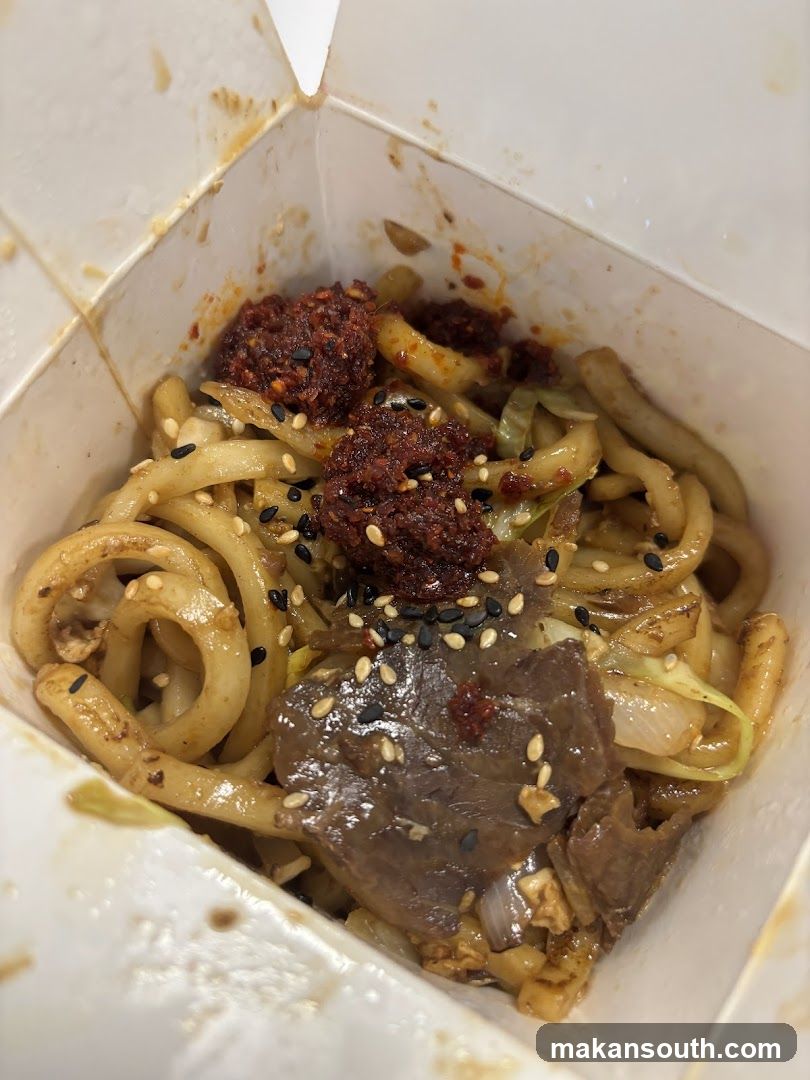 Spicy Udon Noodles with Meat and Sesame Seeds