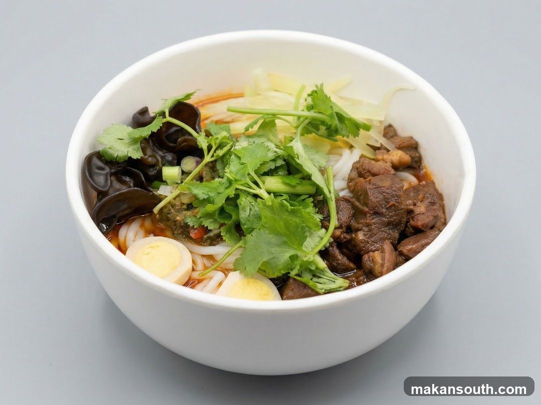 Bowl of Noodle Soup with Beef and Vegetables