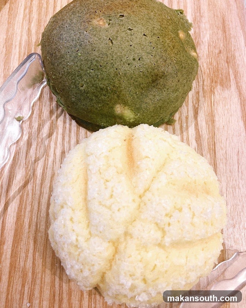 Green and White Buns on Wooden Surface