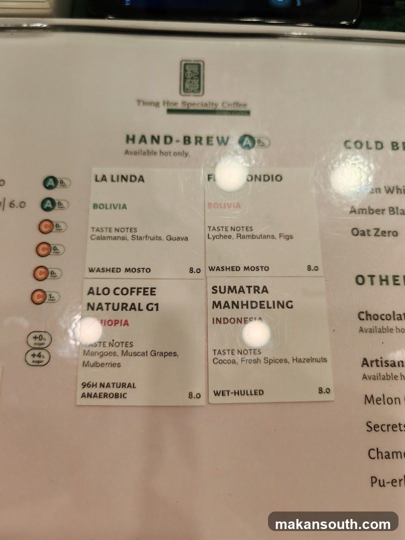 Tiong Hoe Specialty Coffee Hand-Brew Menu