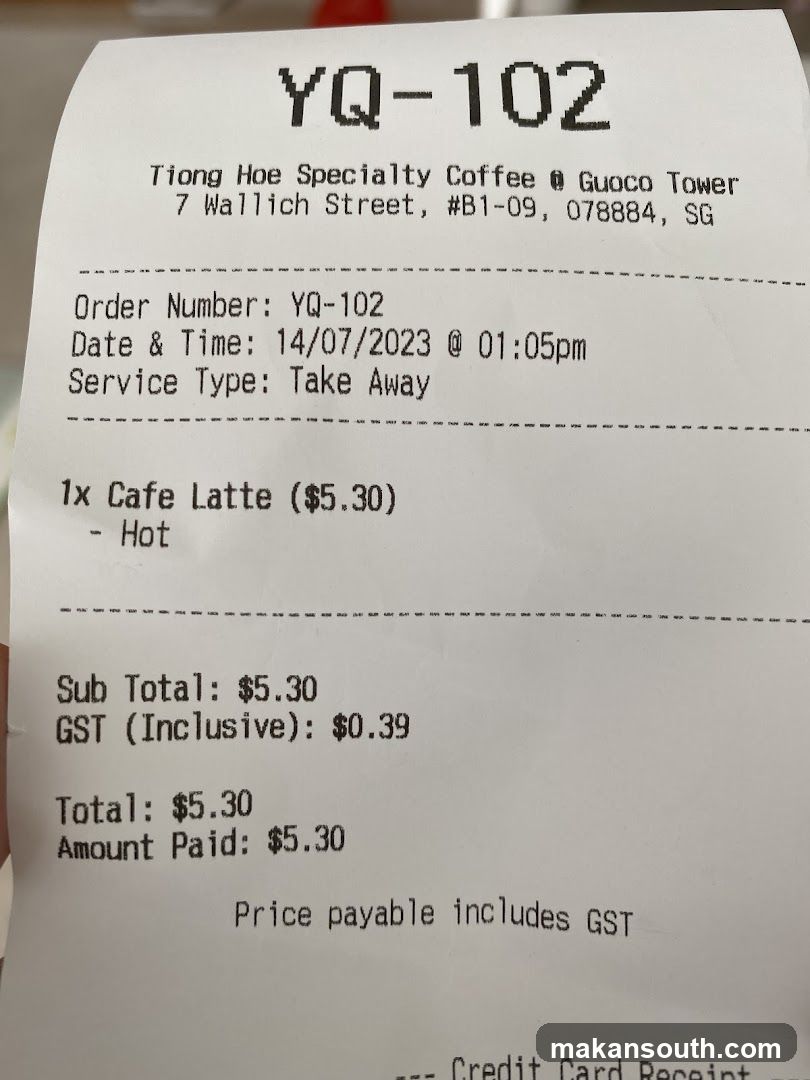 Receipt from Tiong Hoe Specialty Coffee