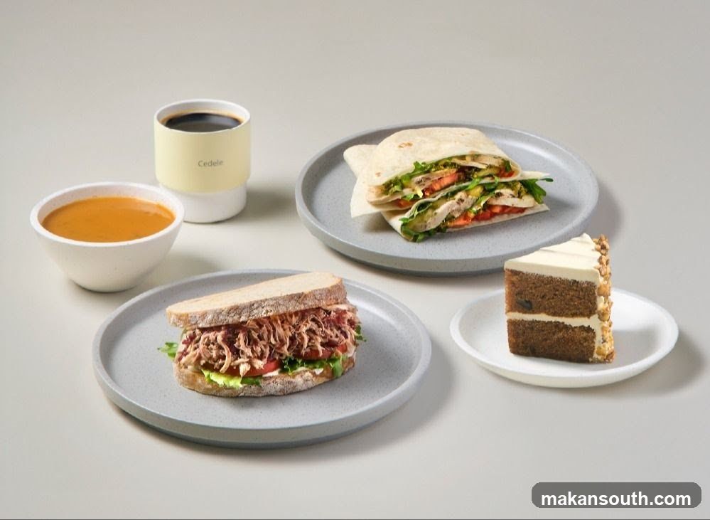 Food Spread with Sandwich, Wrap, Soup, Coffee and Cake