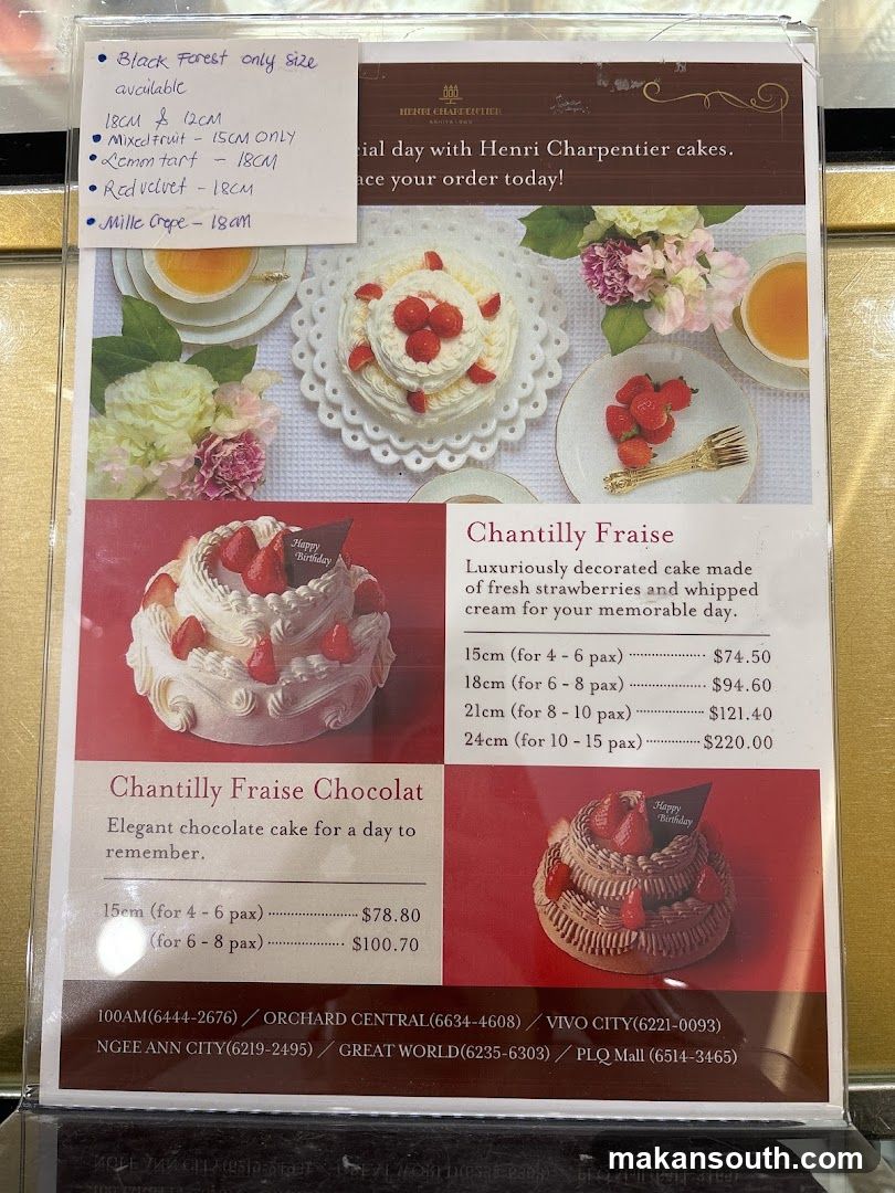 Henri Charpentier Cakes Menu