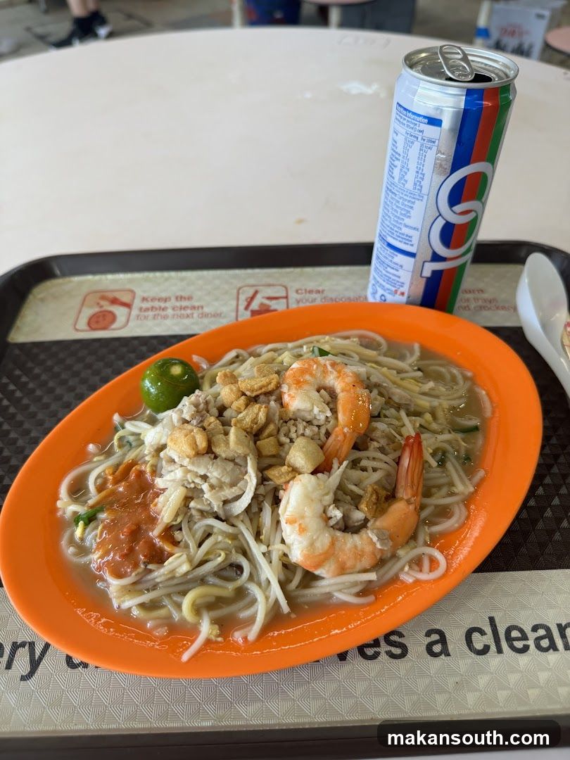 Noodle Dish with Shrimp and Canned Drink