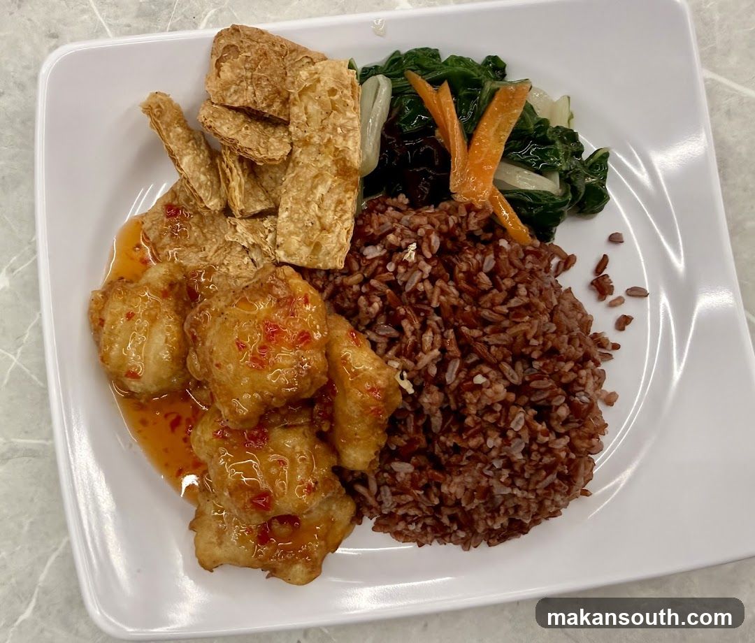 Chinese-style meal with brown rice and tofu puffs