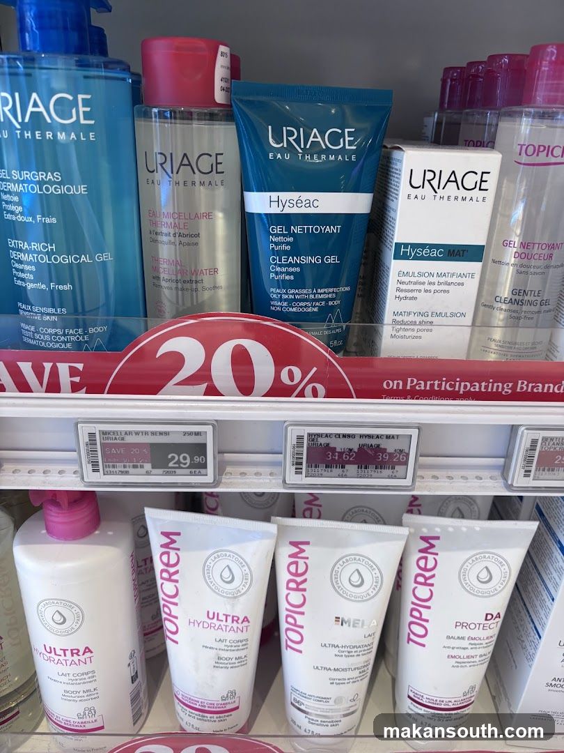 Uriage and Topicrem skincare products on store shelf