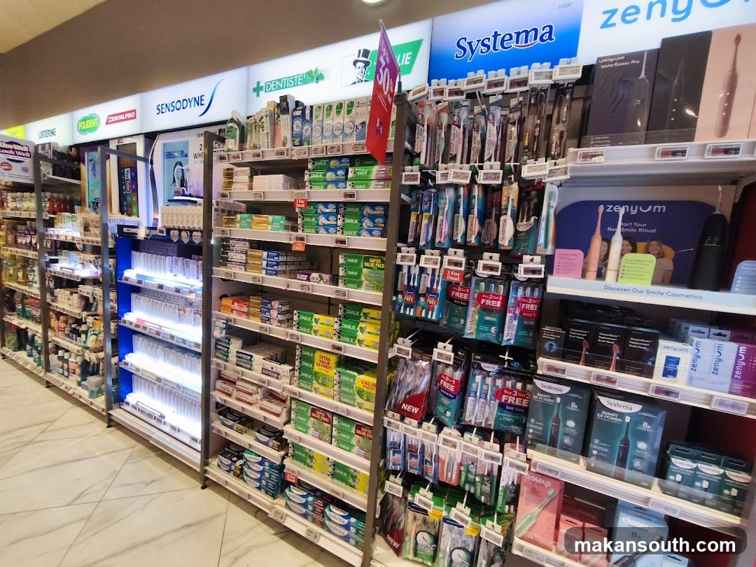 Aisle of dental and oral care products in a pharmacy or supermarket