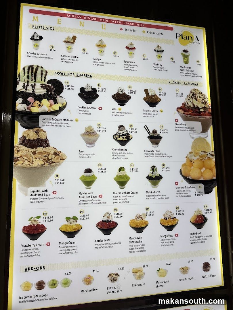 Plan A Korean Bingsu Menu