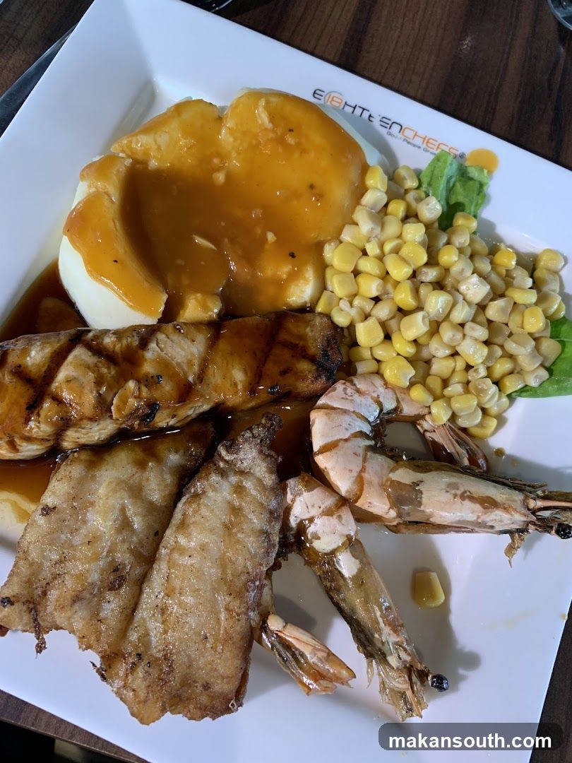 Grilled Shrimp and Fish Platter with Corn and Mashed Potatoes