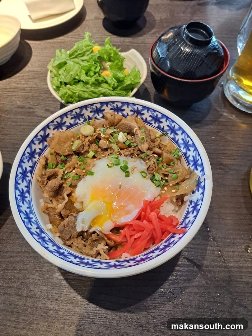 Bowl of Beef Rice with Egg and Pickles