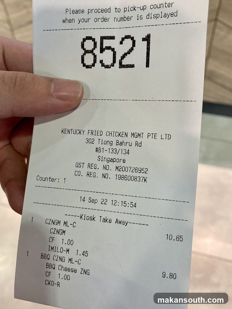 Receipt from Kentucky Fried Chicken MGMT PTE LTD