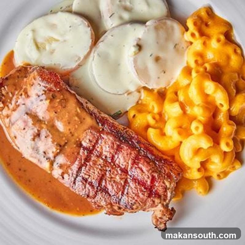 Grilled Steak with Macaroni and Creamy Potatoes