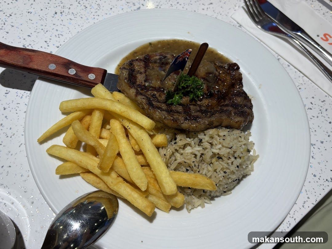 Steak with Fries and Rice