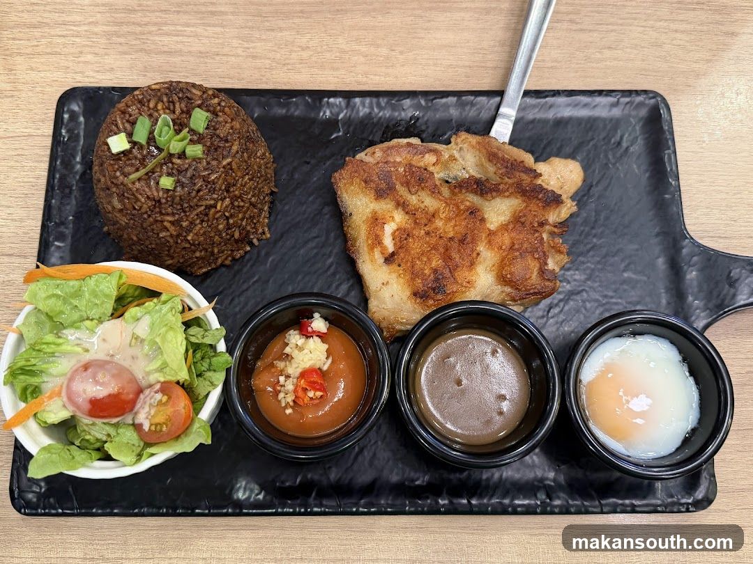 Breakfast Plate with Rice, Pancake, Salad and Sauces