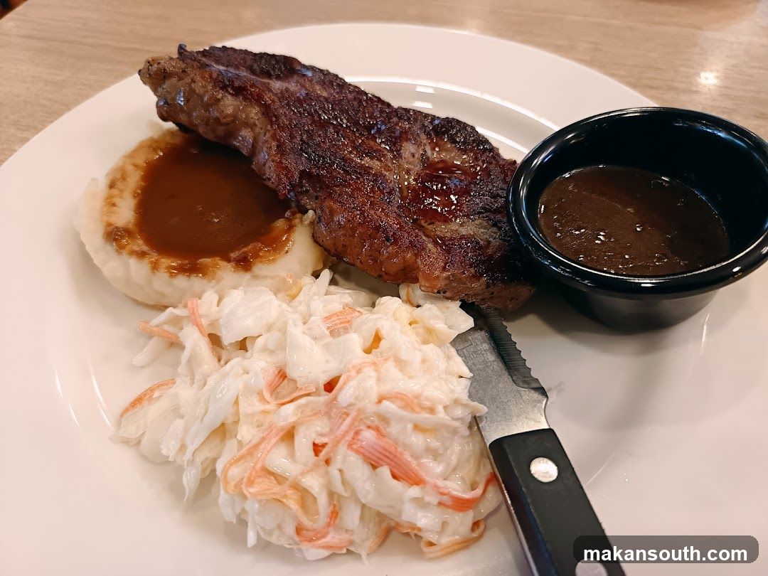 Steak with Mashed Potatoes and Coleslaw