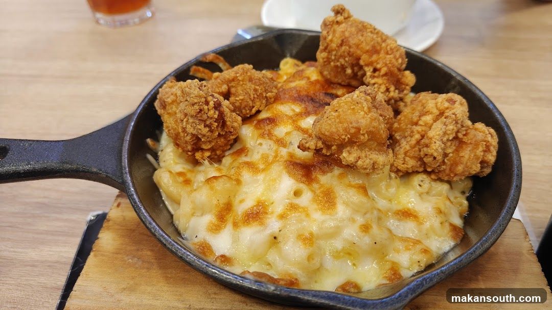 Fried Chicken and Macaroni in Skillet