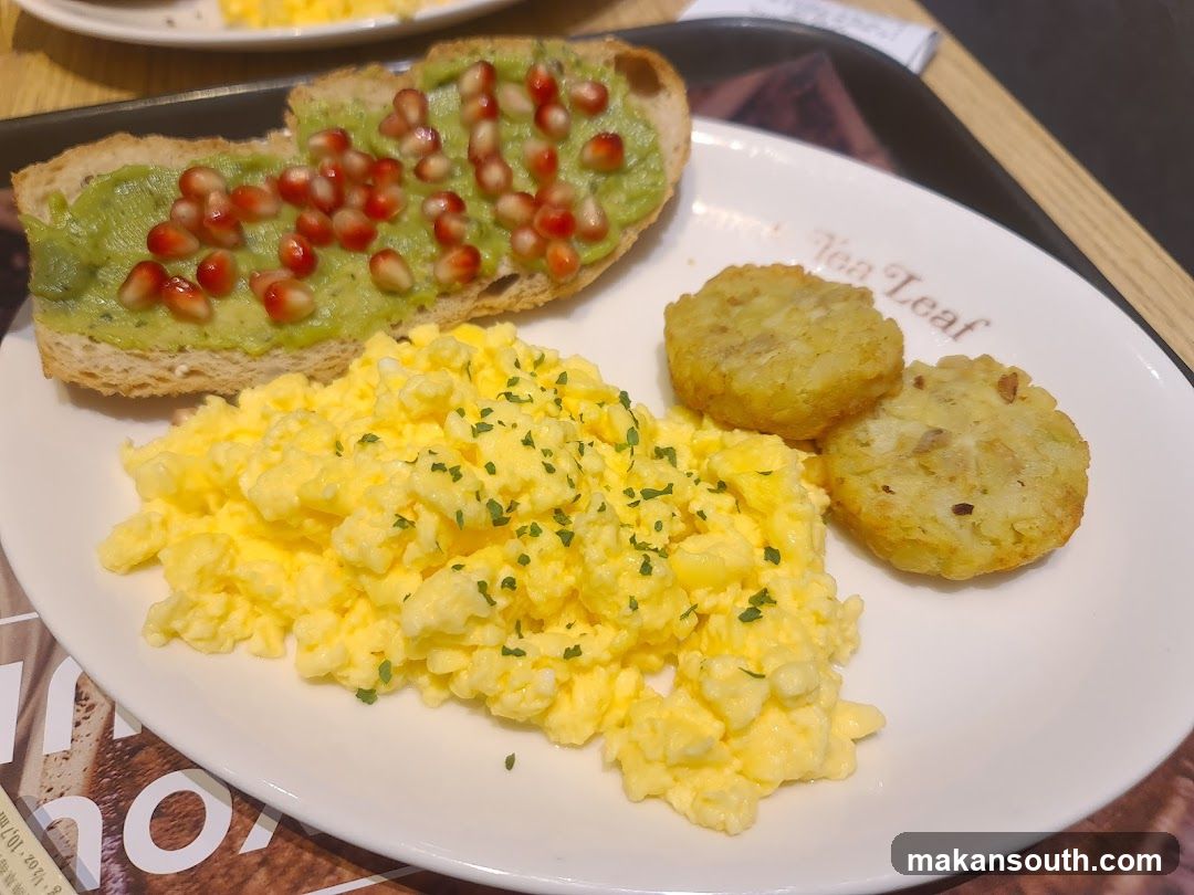 Avocado Toast with Pomegranate Seeds and Scrambled Eggs