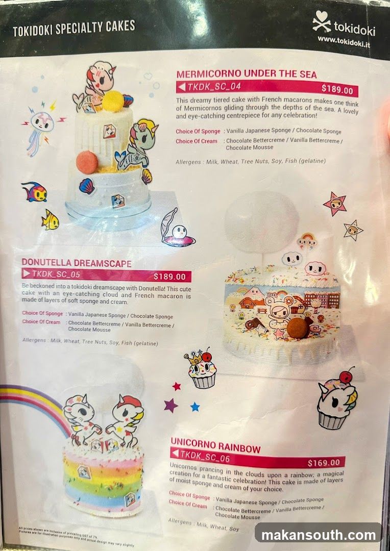 Tokidoki Specialty Cakes Menu