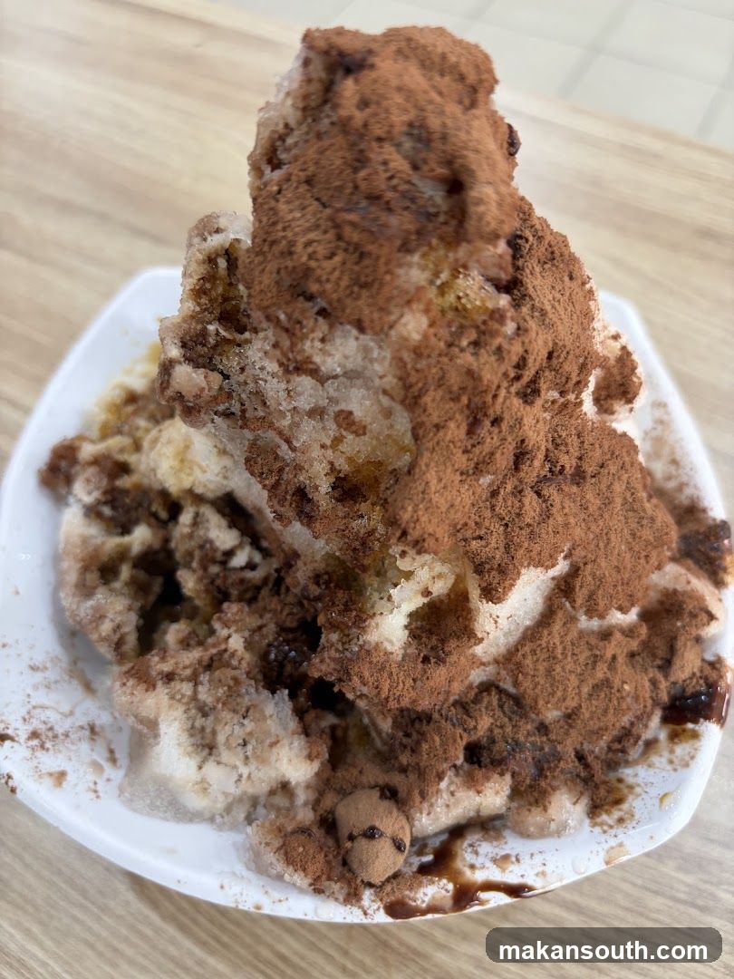 Chocolate-flavored shaved ice dessert
