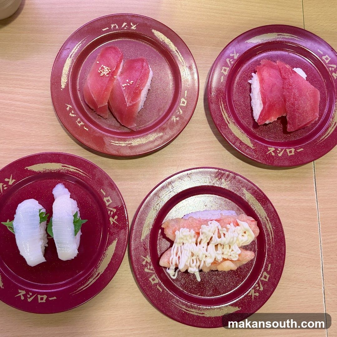 Sushi plates on conveyor belt
