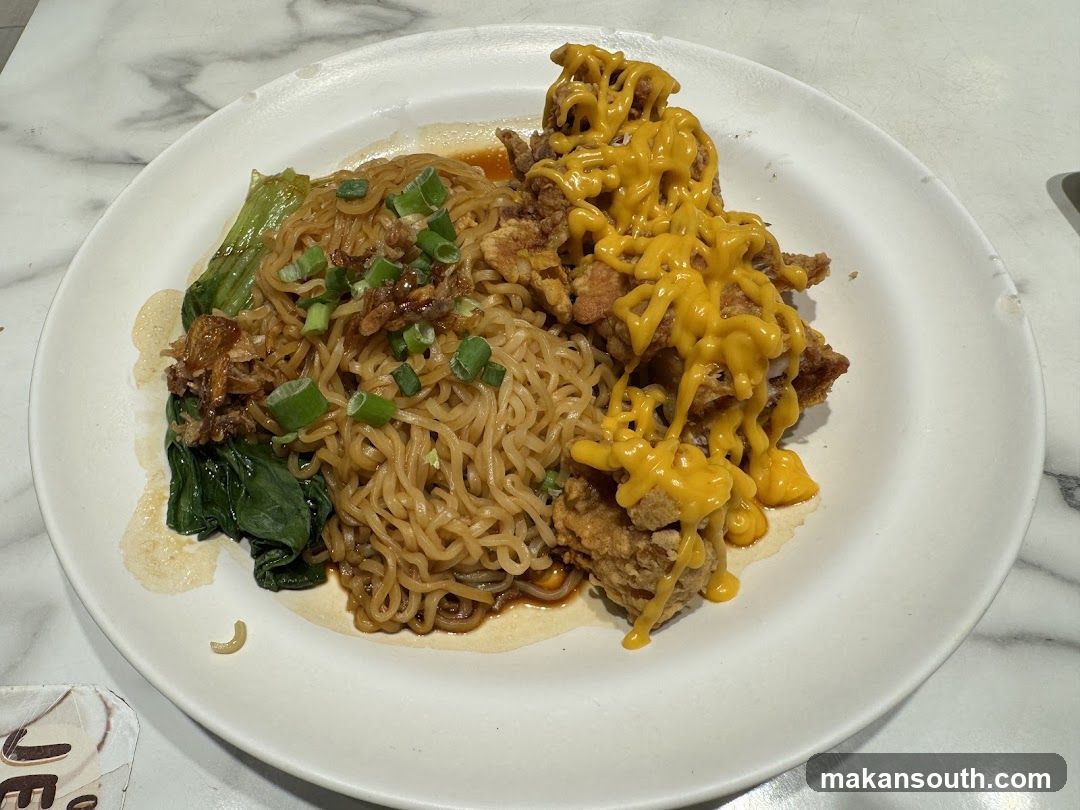 Fried Chicken and Noodles with Cheese Sauce
