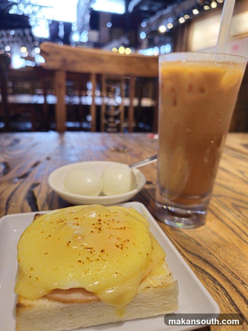 Breakfast with Eggs Benedict and Iced Coffee