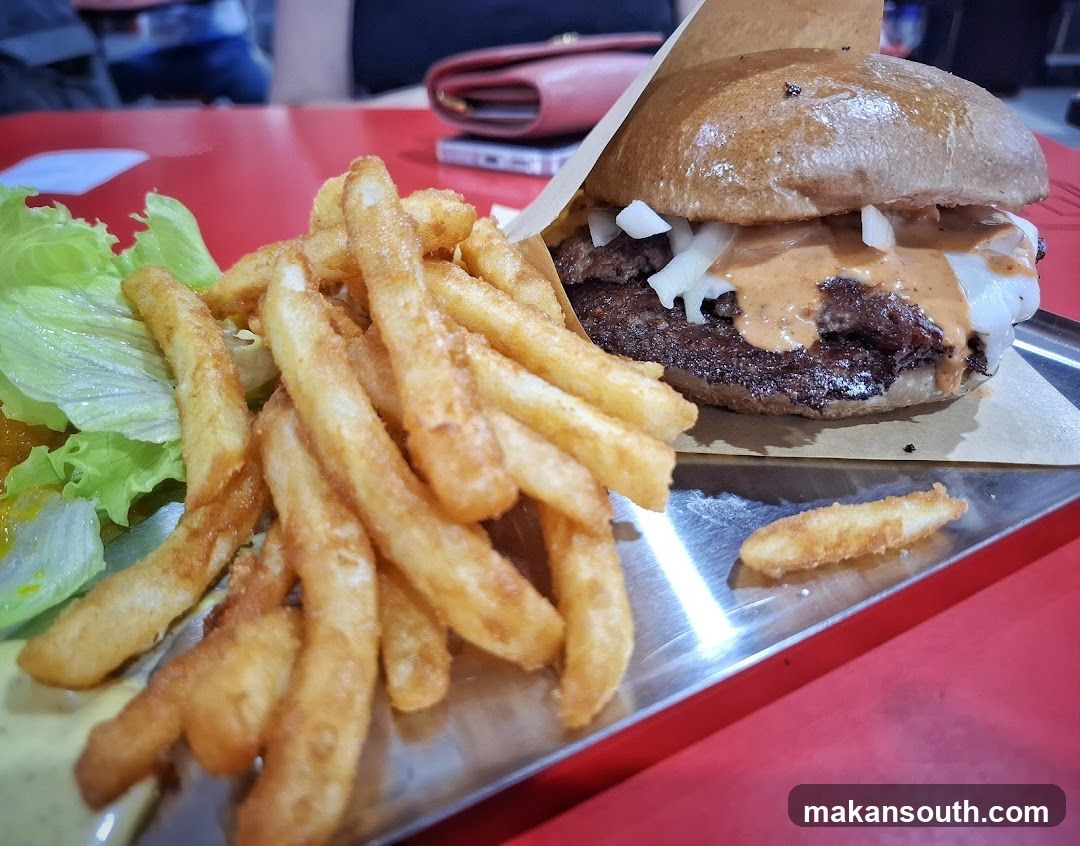 Burger and Fries on Metal Tray