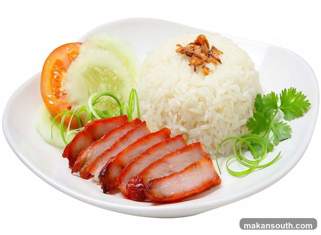 Plate of Roast Pork with Rice and Vegetables