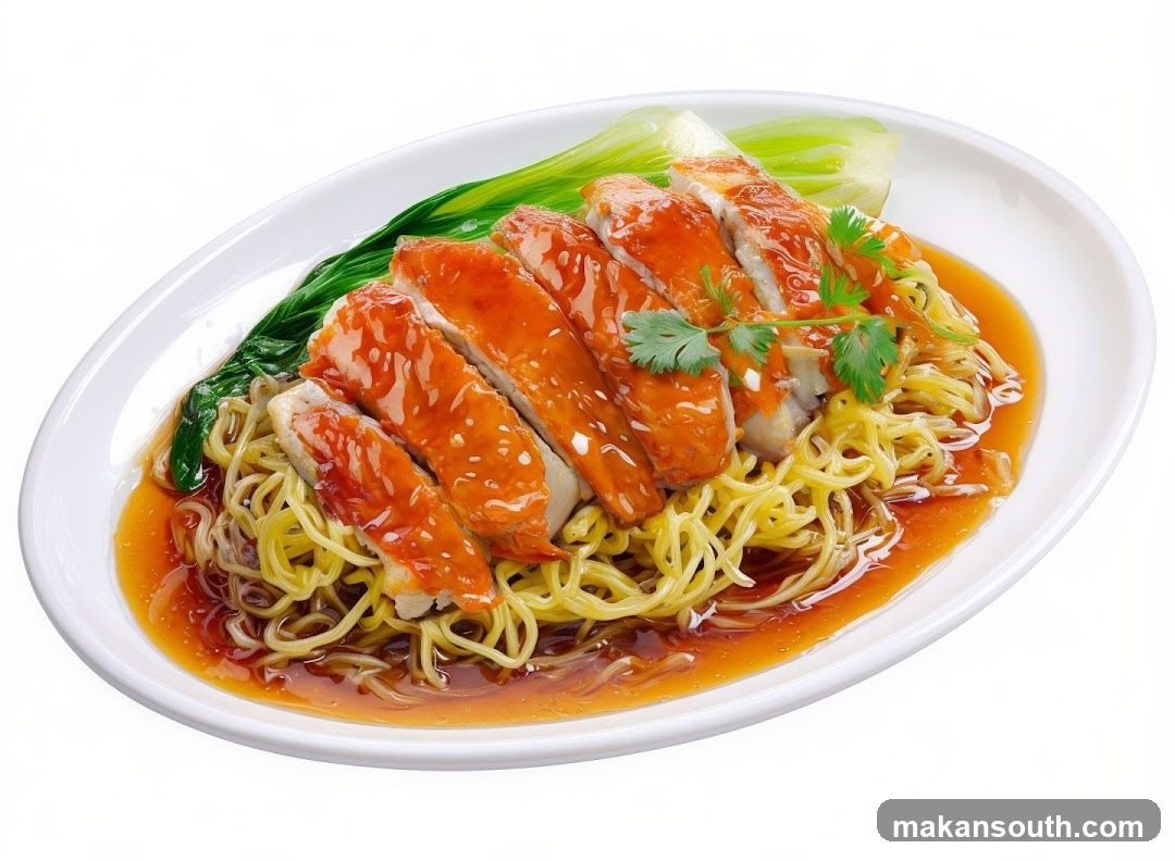 Dish with noodles and glazed chicken