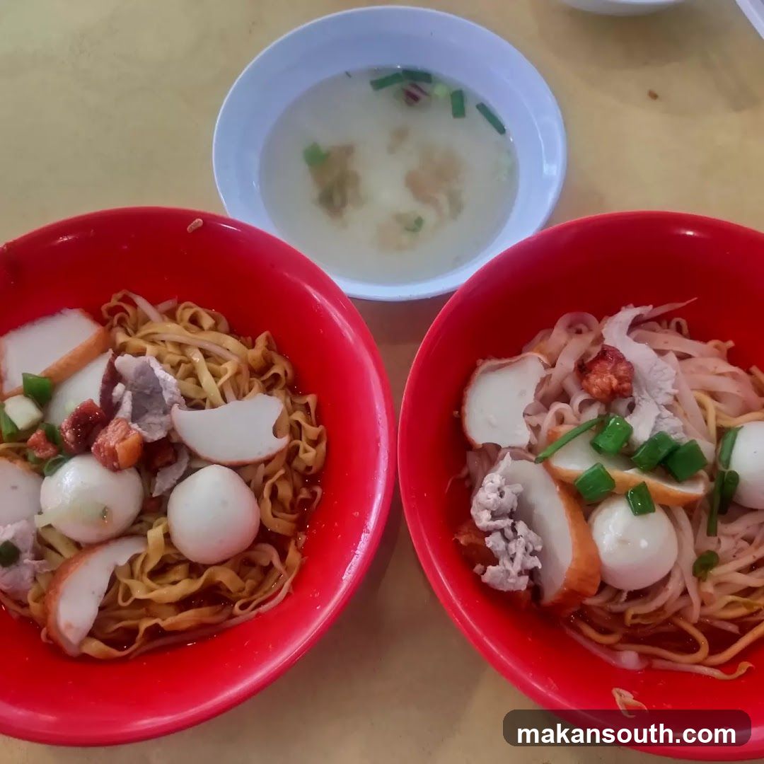 Two bowls of noodles with soup